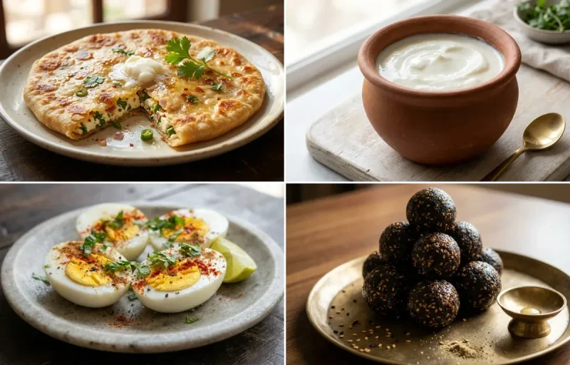 Paneer Paratha with Curd with Boiled Eggs with Ellu Urundai with Milk