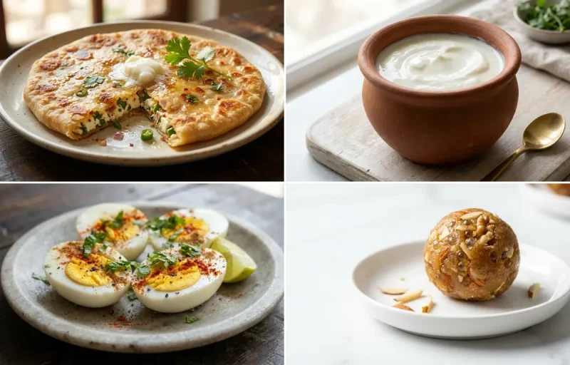 Paneer Paratha with Curd with Boiled Eggs with Gond Ladoo with Milk