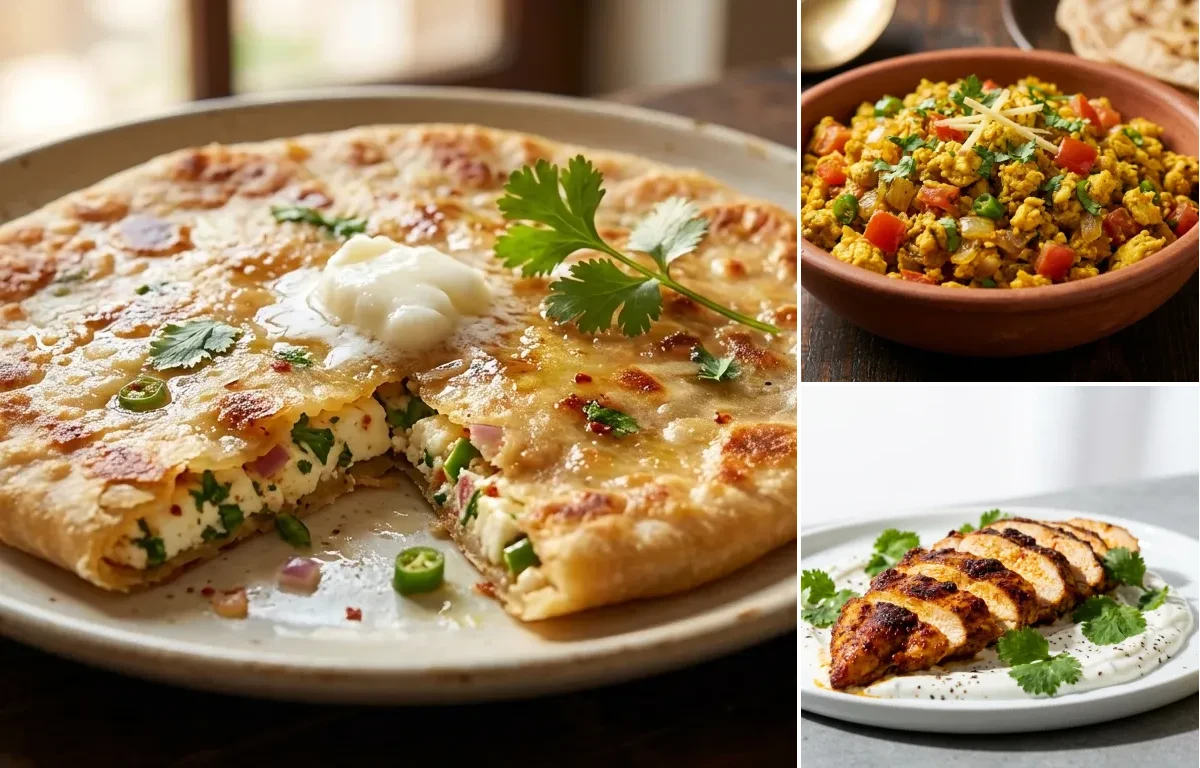 Paneer Paratha with Egg Bhurji with Spiced Chicken Slices with Milk