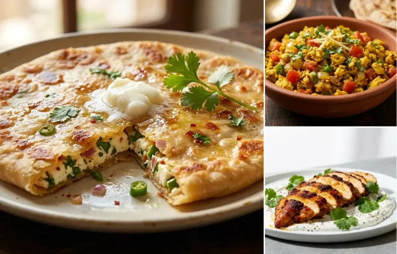 Paneer Paratha with Egg Bhurji with Spiced Chicken Slices with Milk