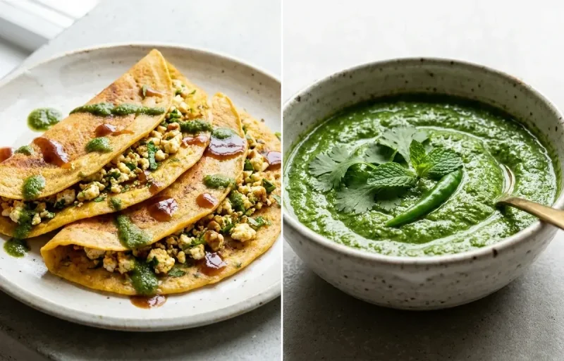 Paneer-Stuffed Moong Dal Cheela with Cilantro-Mint Chutney