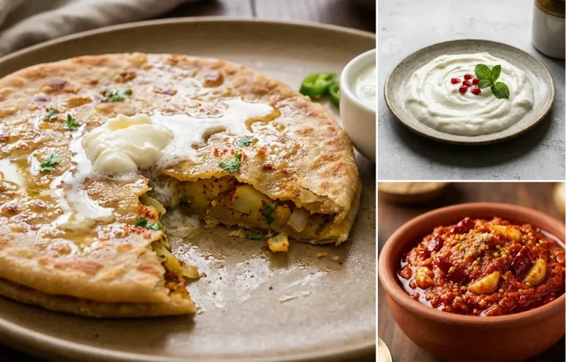 Paneer Stuffed Moong Dal Chilla with Aloo Paratha, Vegan Aloo Matar, Plain Curd and Garlic Chutney