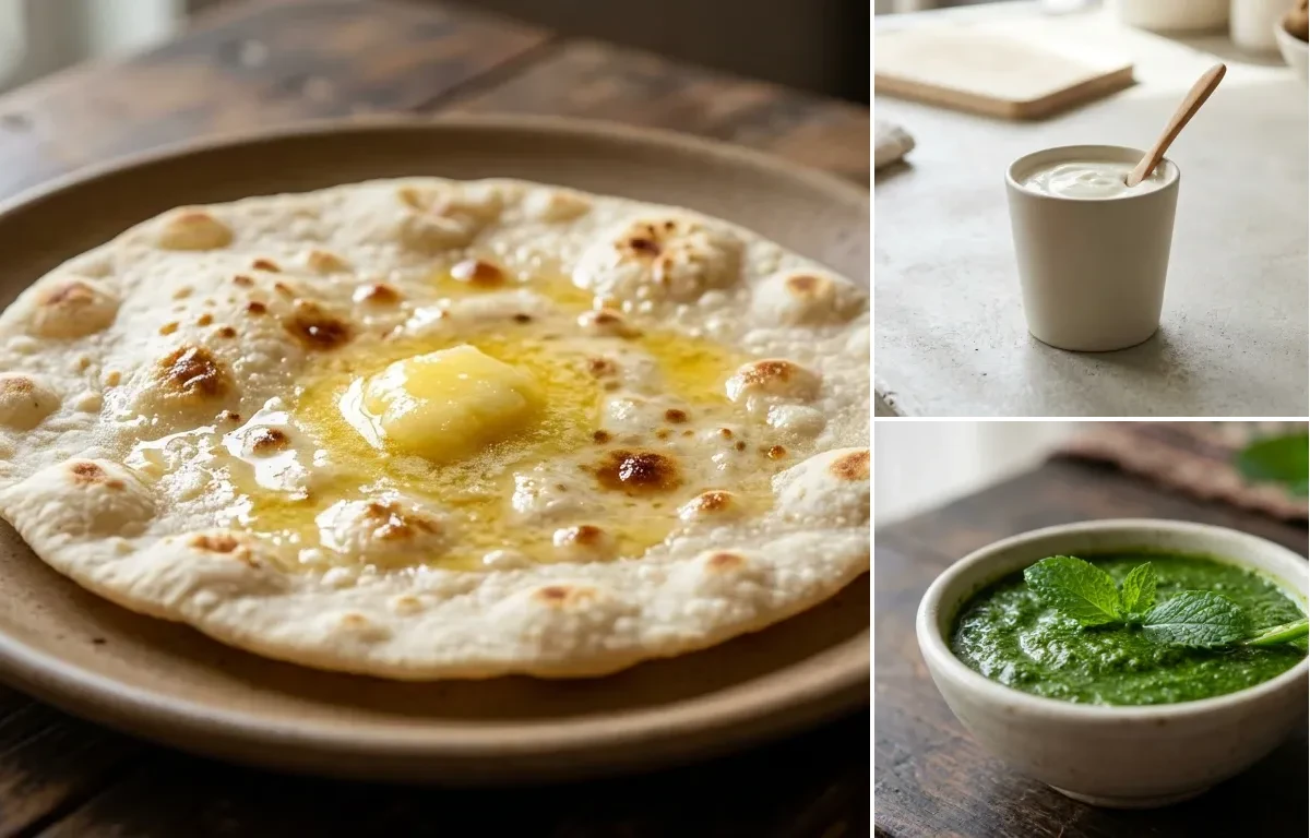 Paneer Stuffed Moong Dal Chilla with Jowar Roti, Vegan Aloo Matar, Plain Yogurt Cup and Mint Chutney