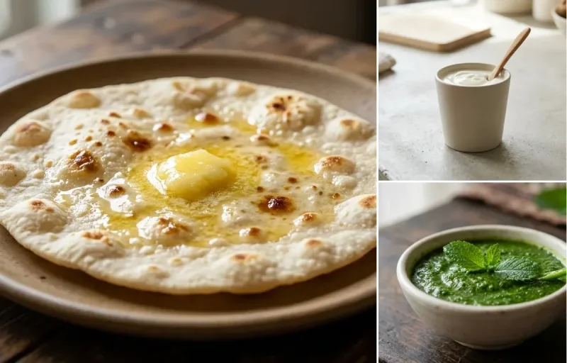 Paneer Stuffed Moong Dal Chilla with Jowar Roti, Vegan Aloo Matar, Plain Yogurt Cup and Mint Chutney