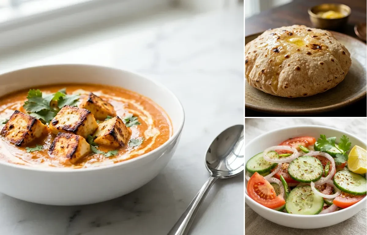 Paneer Tikka Masala with Phulka with Jeera Rice with Green Salad