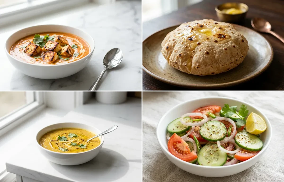 Paneer Tikka Masala with Phulka with Jeera Rice with Toor Dal with Green Salad