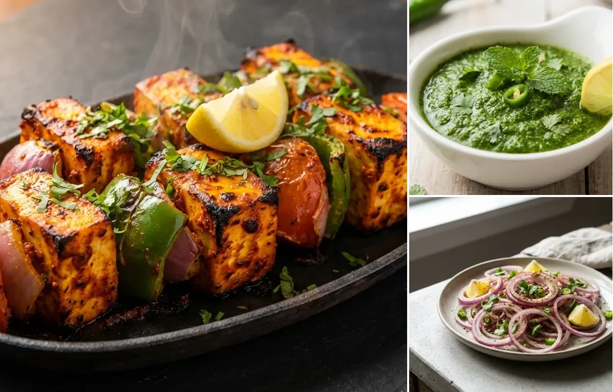 Paneer Tikka, Mint Coriander Chutney and Lachha Onion Salad