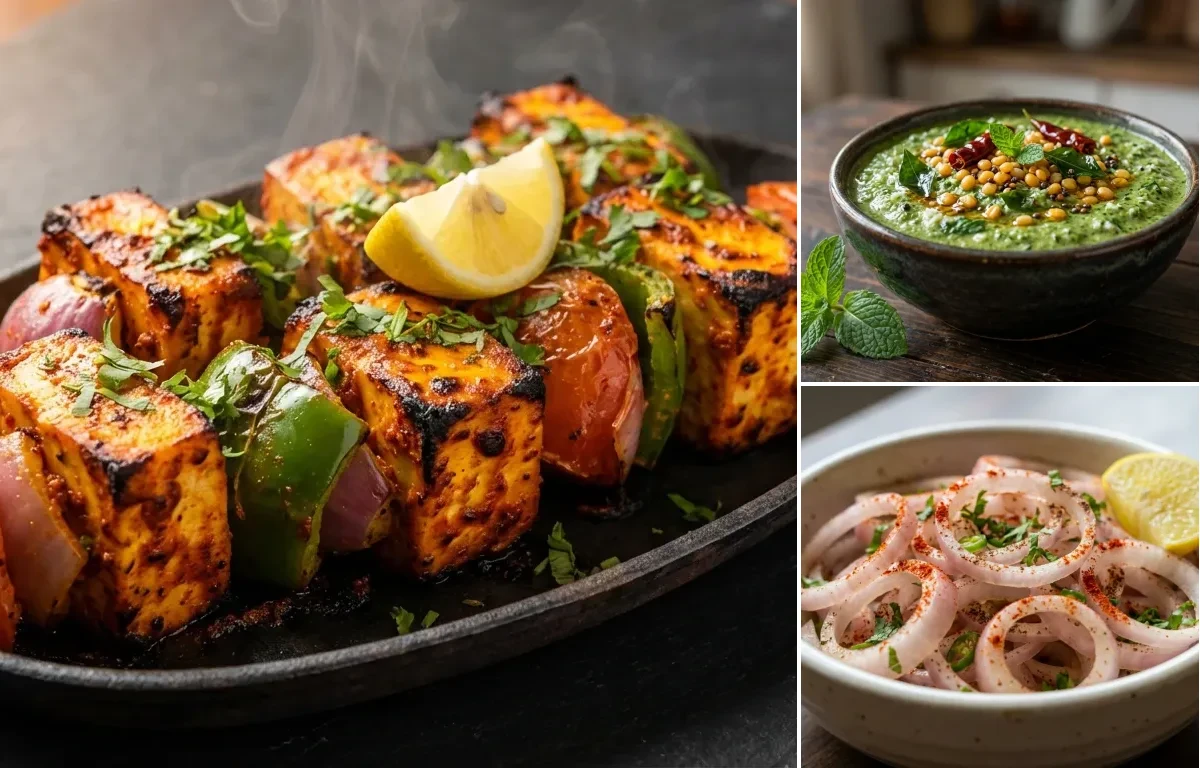 Paneer Tikka with Pudhina Chutney and Laccha Pyaaz