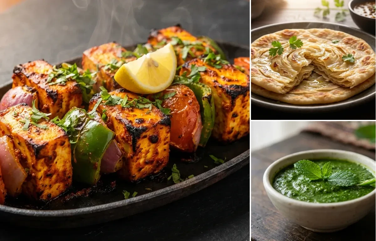 Paneer Tikka with Ulte Tawa Paratha and Mint Chutney