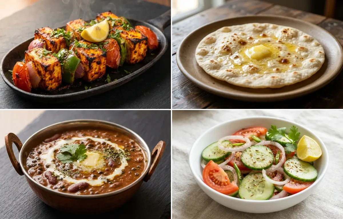 Paneer Tikka with Jowar Roti with Dal Makhani with Steamed White Rice with Green Salad