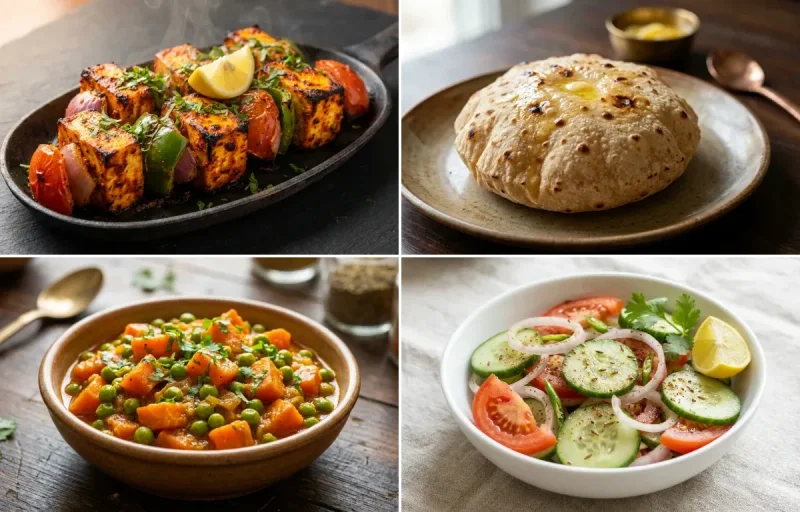Paneer Tikka with Phulka with Gajar Matar Sabzi with Green Salad