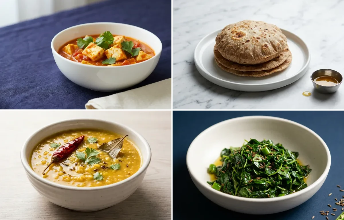 Paneer Vegetable Curry with Multigrain Phulka with Moong Dal with Sautéed Methi