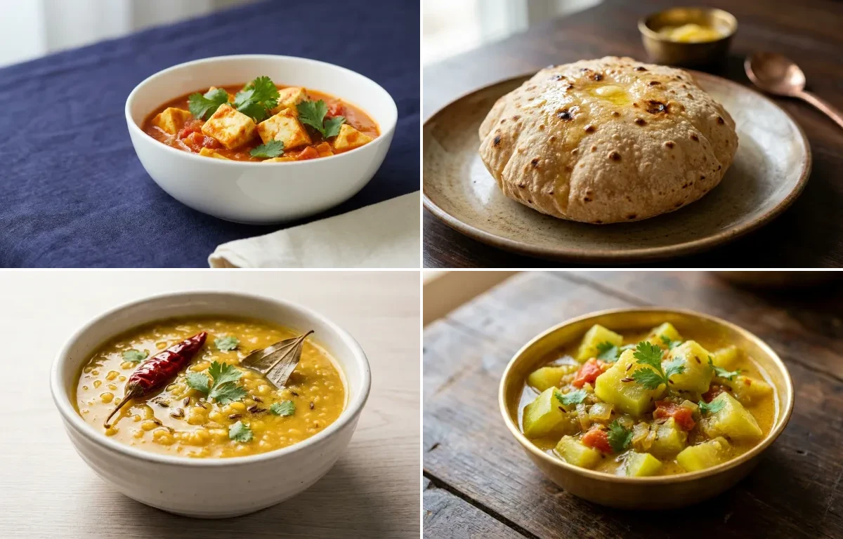 Paneer Vegetable Curry with Phulka with Moong Dal with Lauki Sabzi
