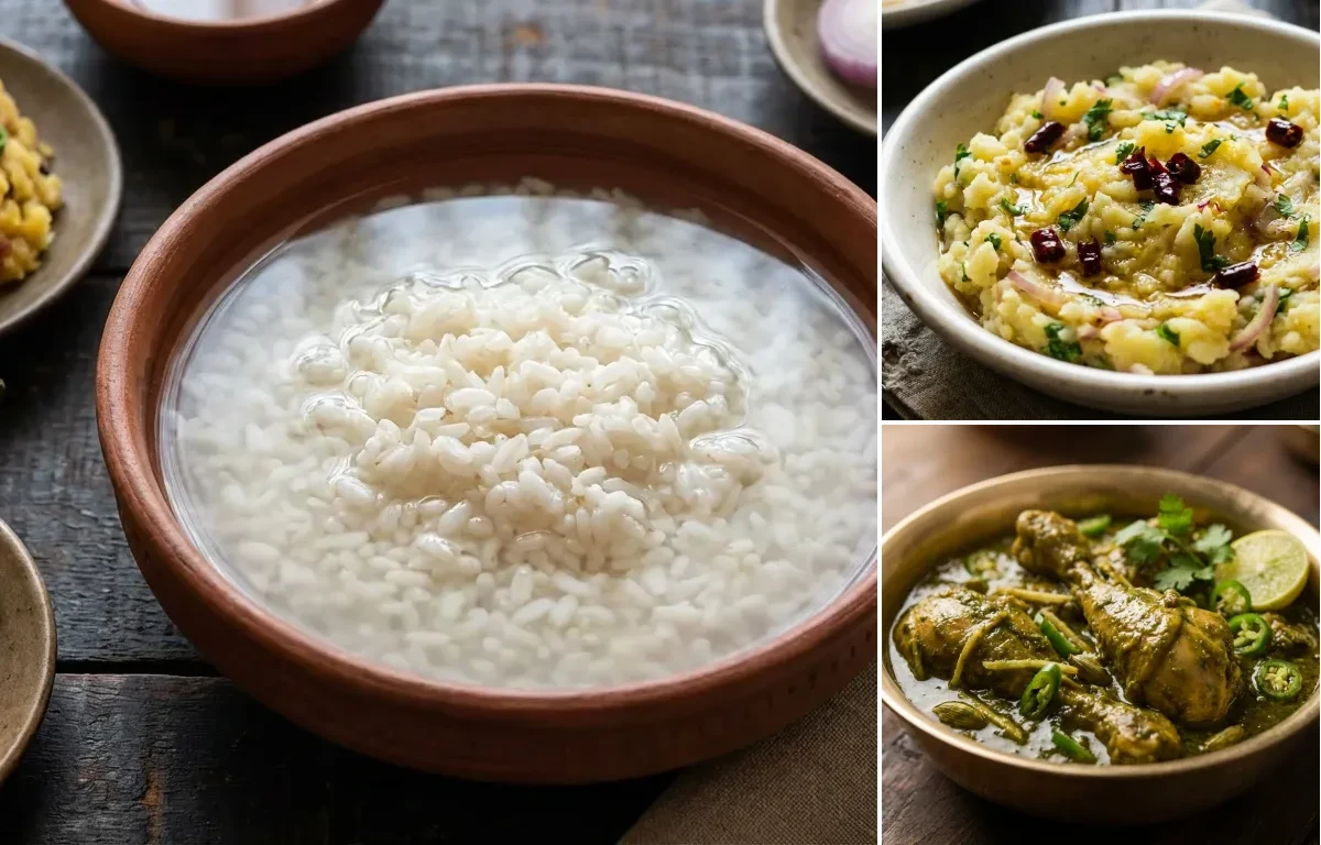 Panta Bhaat with Aloo Bhorta and Kancha Lonka Murgi