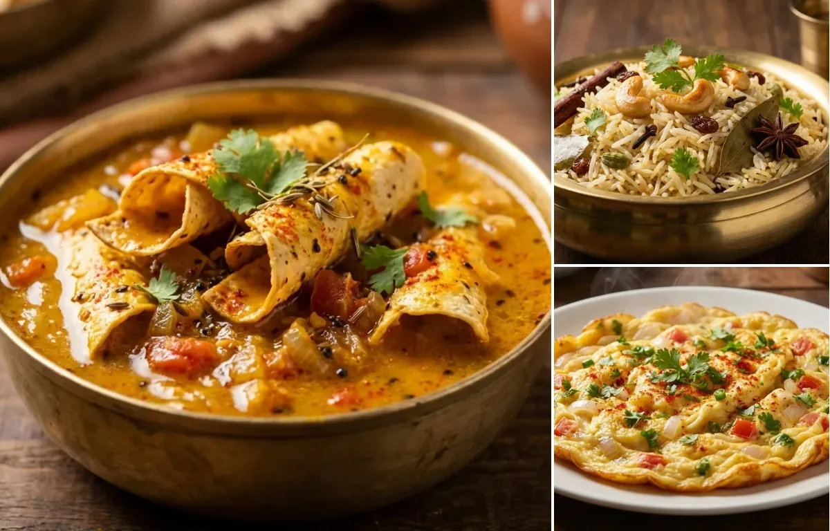 Papad ki Sabzi with Ghee Rice and Masala Omelette