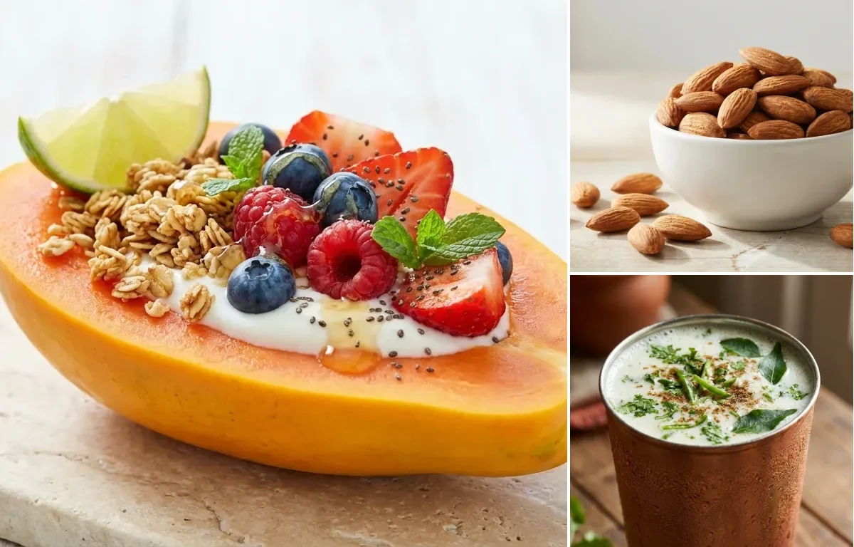 Papaya Boat with Handful of Almonds with Chaas