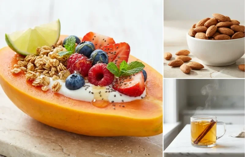 Papaya Boat with Handful of Almonds with Cinnamon Green Tea