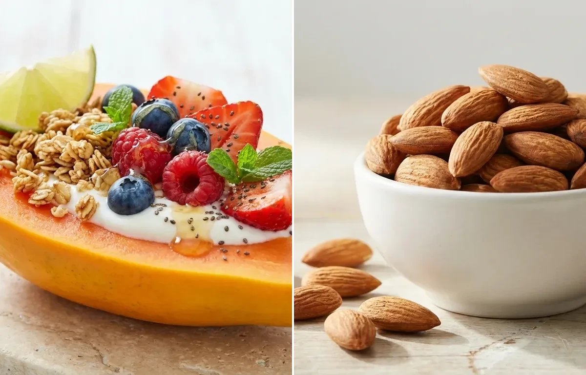 Papaya Boat with Handful of Almonds with Mint Chaas