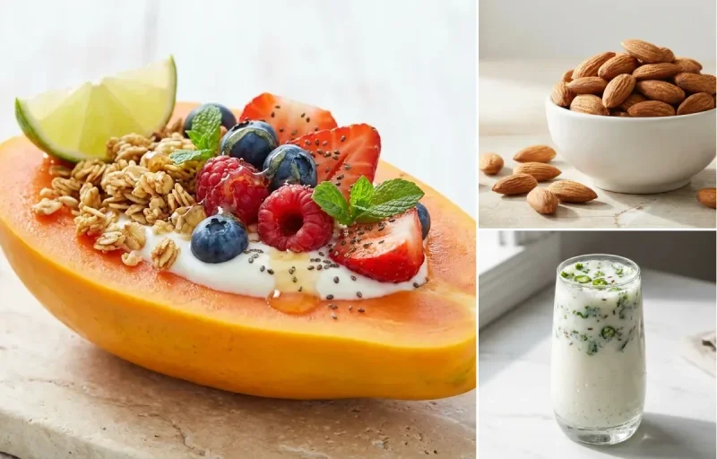 Papaya Boat with Handful of Almonds with Spiced Chaas