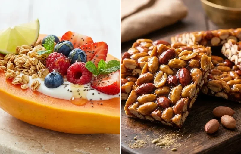 Papaya Boat with Palli Chikki with Masala Chai with Soy Milk