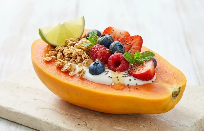 Papaya Boat with Walnuts Small Portion with Masala Chai with Soy Milk