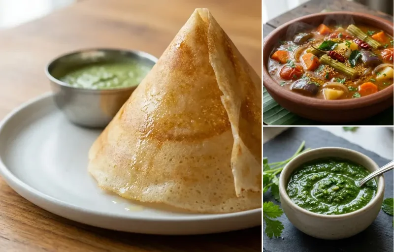 Paper Dosa with Vegetable Sambar and Coriander Mint Chutney