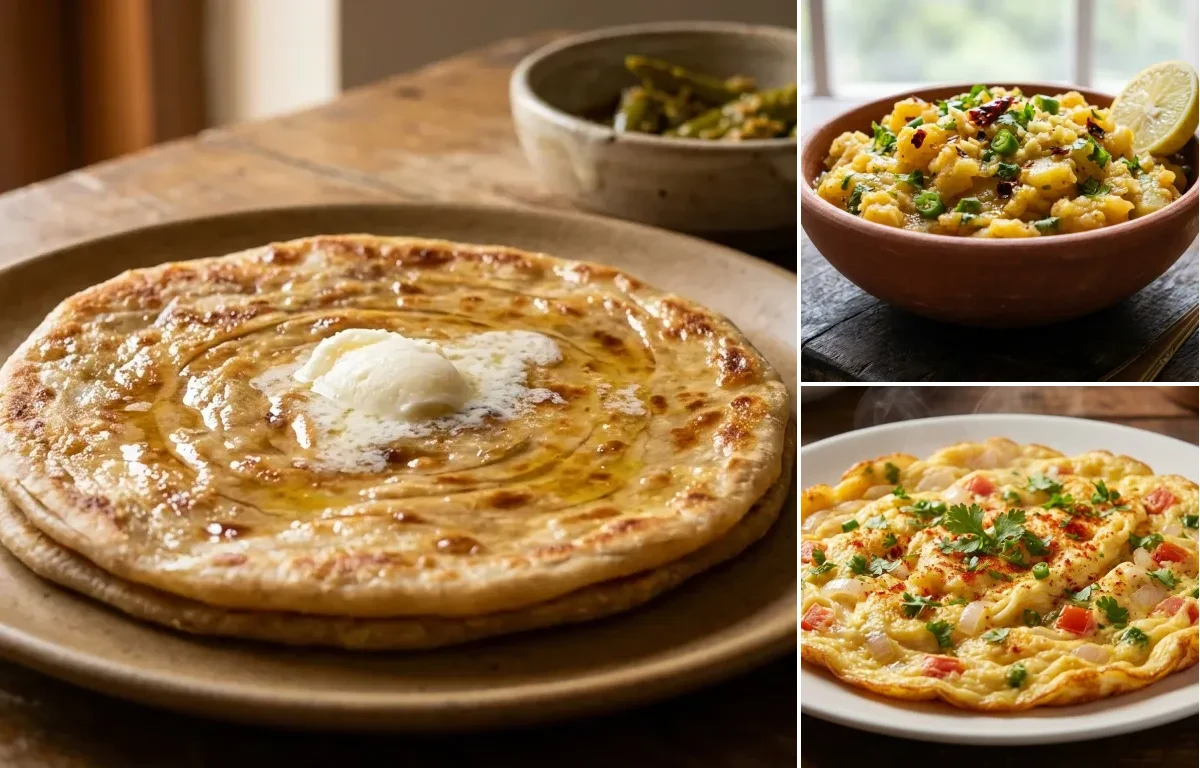 Paratha with Aloo Chokha and Masala Omelette
