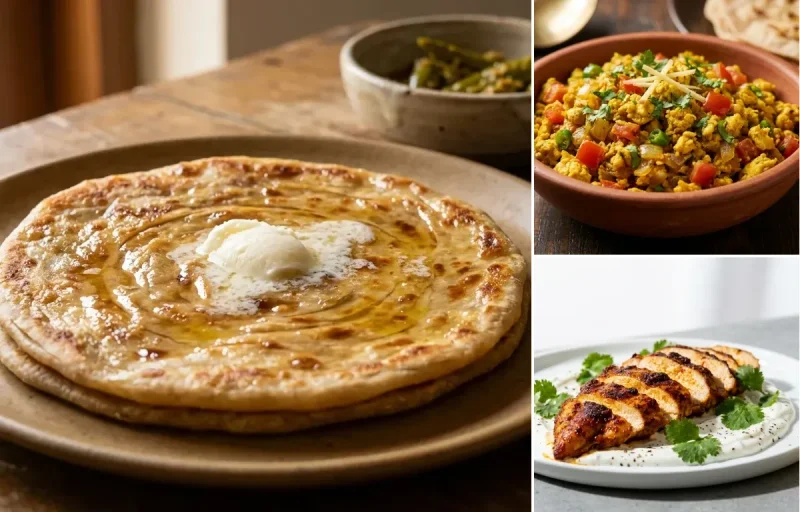 Paratha with Egg Bhurji with Spiced Chicken Slices with Milk