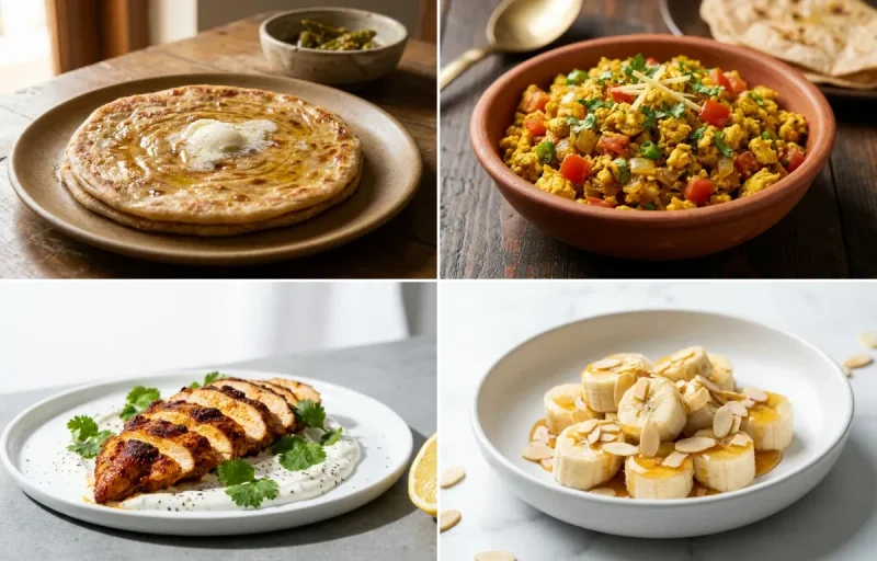Paratha with Egg Bhurji with Spiced Chicken Slices with Milk with Banana with Honey