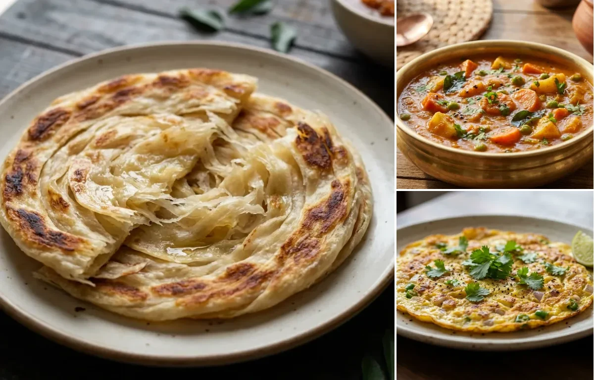 Parotta with Vegetable Salna and Muttai Omelette