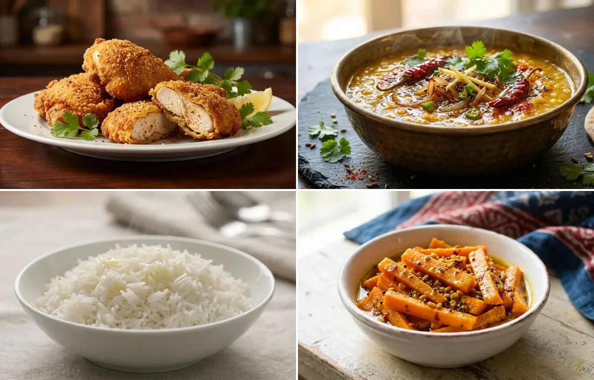 Parsi Fried Chicken with Dal Tadka, Steamed Basmati Rice and Gajar nu Athanu