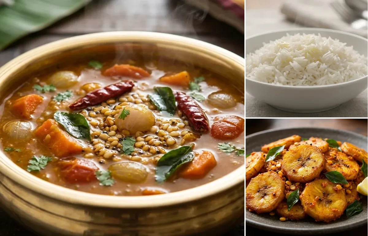 Pasi Paruppu Sambar with Steamed Basmati Rice and Vazhakkai Varuval