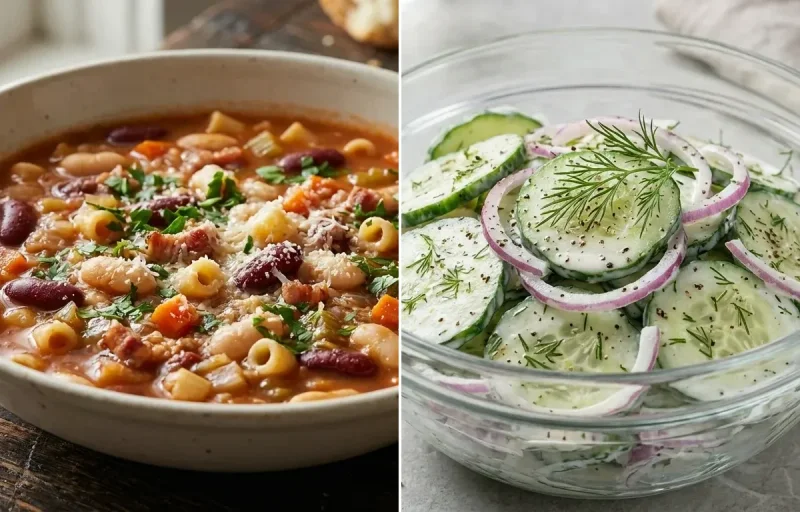 Pasta E Fagioli with Cucumber Salad and Roasted Pumpkin Seeds Spiced