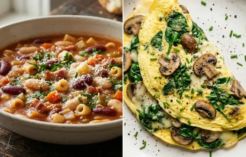 Pasta E Fagioli with Spinach Mushroom Omelet