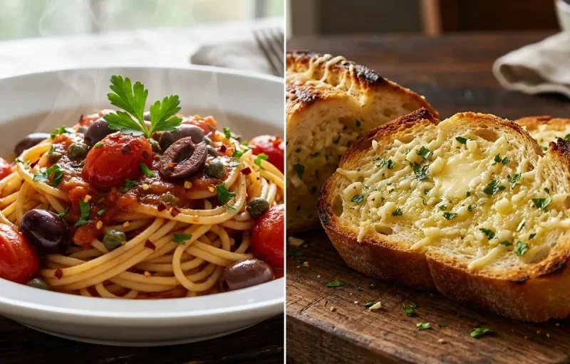 Pasta Puttanesca with Garlic Bread