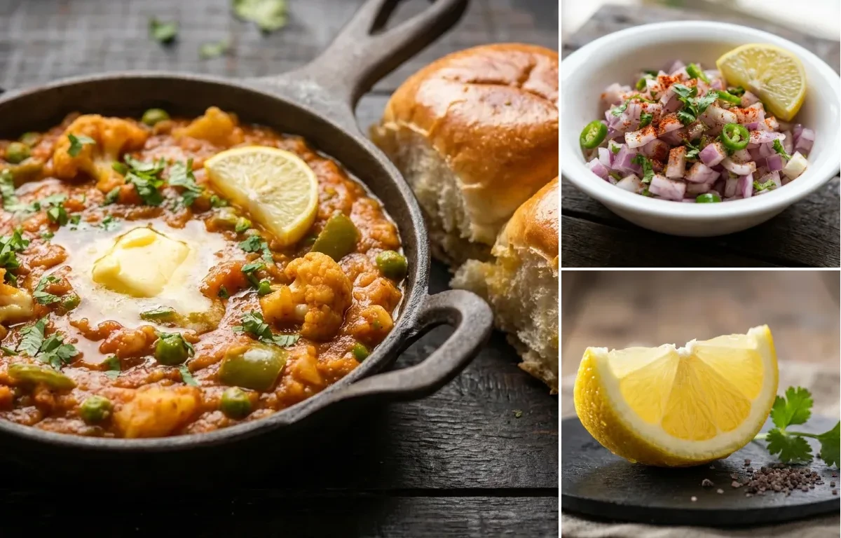 Pav Bhaji with Chopped Onion Salad and Lemon Wedge
