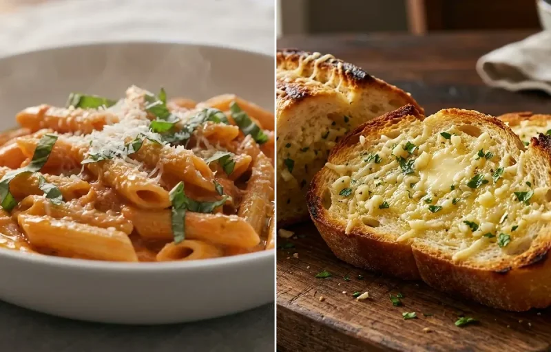 Penne alla Vodka with Garlic Bread