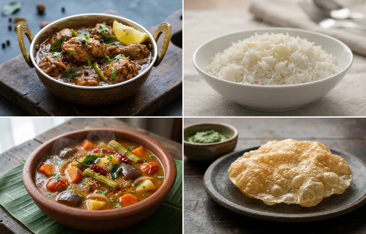 Pepper Chicken Masala with Steamed Basmati Rice, Vegetable Sambar and Appalam