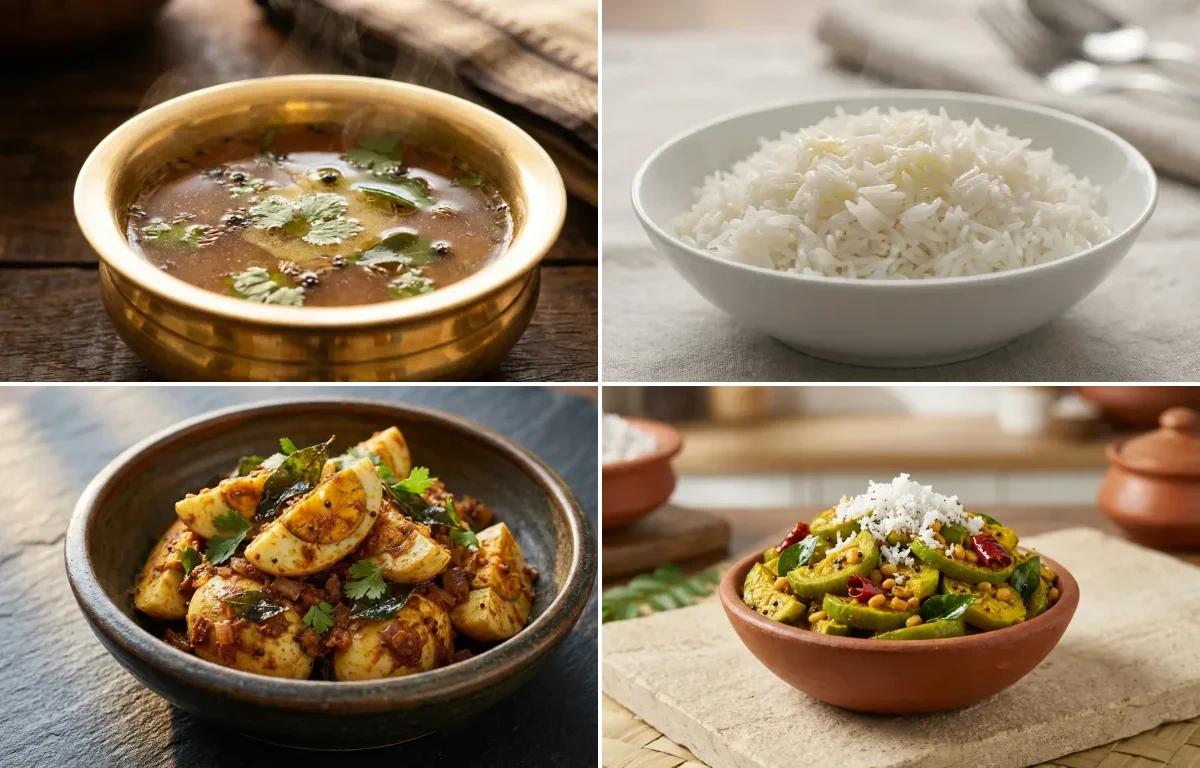 Pepper Rasam with Steamed Basmati Rice, Muttai Varuval and Kovakkai Poriyal