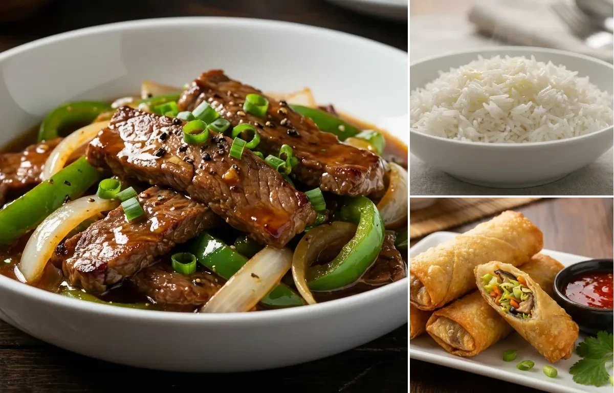 Pepper Steak with Onions with Steamed Basmati Rice and Fried Spring Rolls