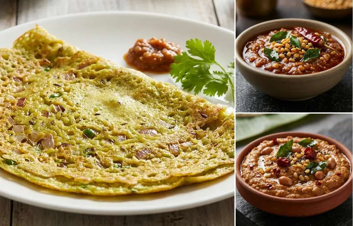 Pesarattu with Allam Pachadi and Peanut Chutney