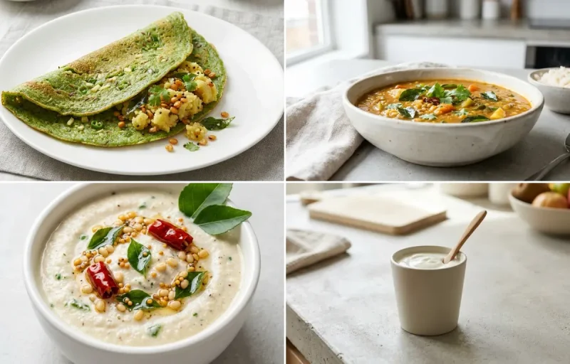 Pesarattu Upma with Drumstick Sambar, Coconut Chutney and Plain Yogurt Cup