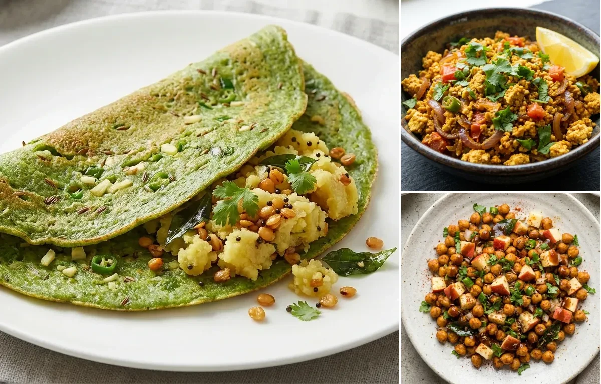 Pesarattu Upma with Tofu Bhurji, Coconut Mint Chutney, Roasted Chana With Apple and Plain Yogurt Cup