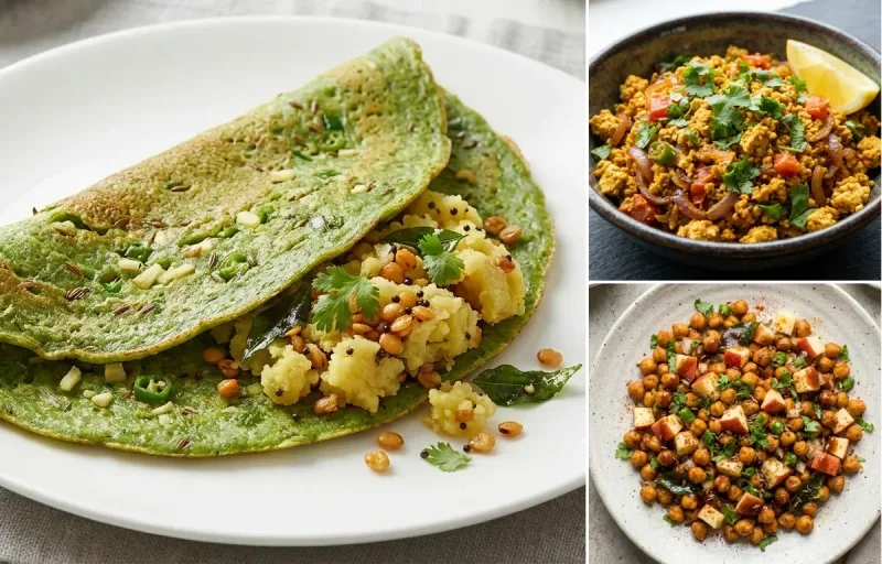 Pesarattu Upma with Tofu Bhurji, Coconut Mint Chutney, Roasted Chana With Apple and Plain Yogurt Cup