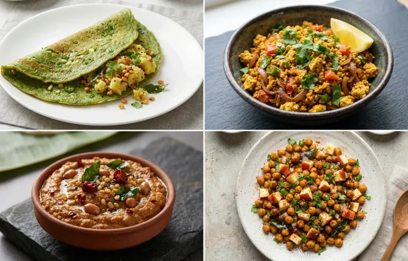 Pesarattu Upma with Tofu Bhurji, Peanut Chutney, Roasted Chana With Apple and Curd Rice Snack Bowl