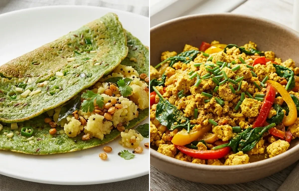 Pesarattu Upma with Tofu Scramble, Coriander Coconut Chutney and Mixed Berry Bowl With Walnuts