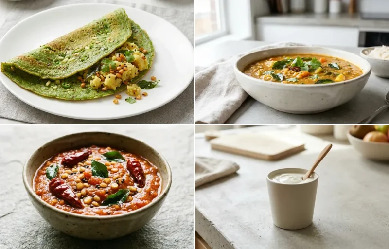 Pesarattu Upma with Vegetable Sambar, Tomato Chutney, Egg White Scramble and Plain Yogurt Cup