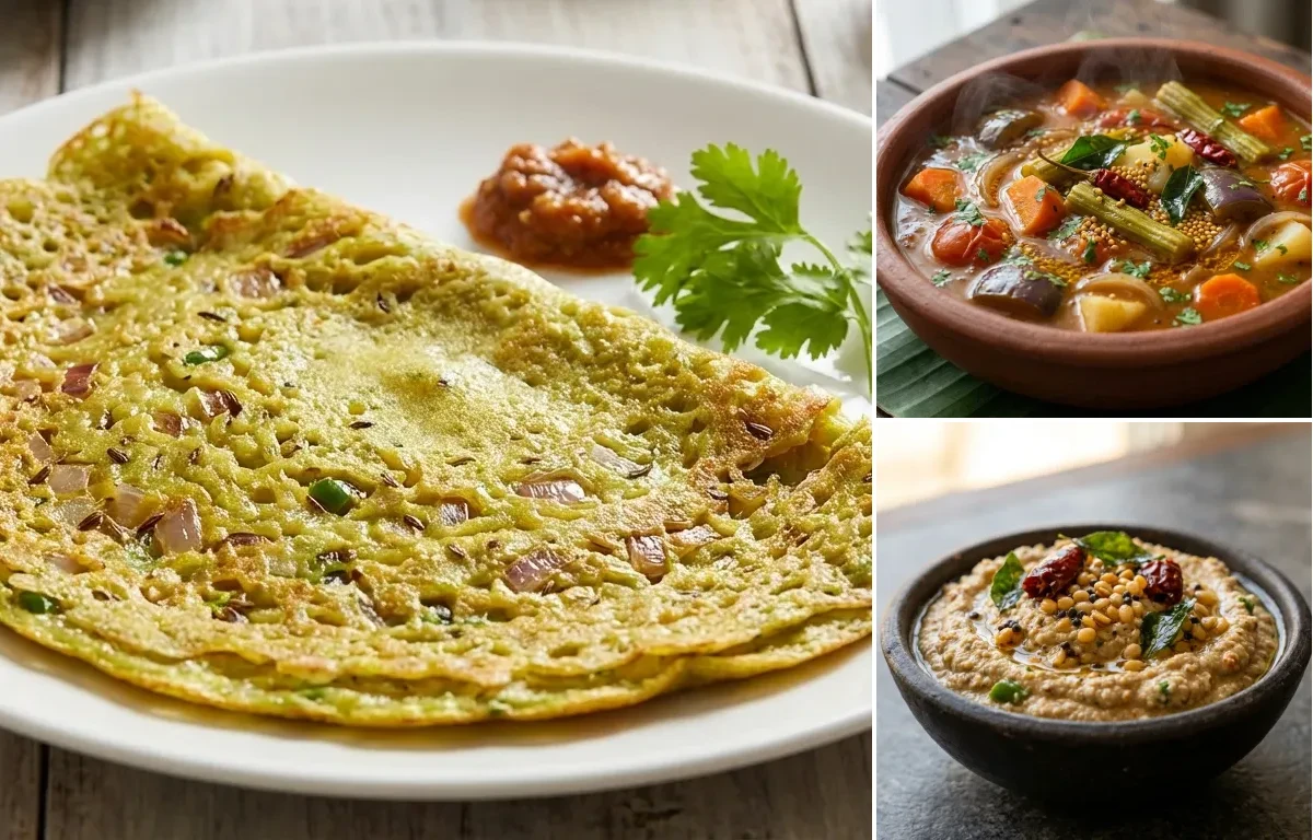 Pesarattu with Vegetable Sambar and Palli Pachadi