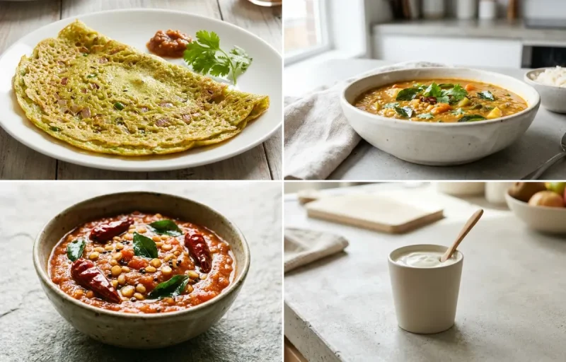Pesarattu with Drumstick Sambar, Tomato Chutney and Plain Yogurt Cup