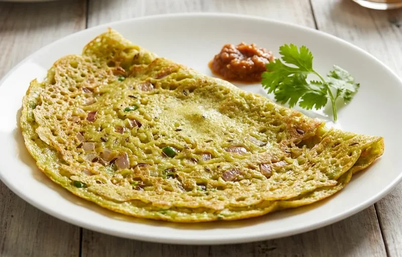 Pesarattu with Vegan Sambar and Cilantro Coconut Chutney